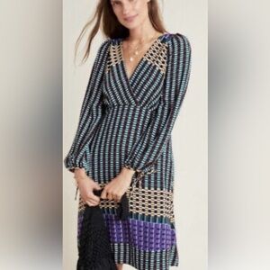 Maeve Anthropologie Gianna Tunic V Neck Dress Geometric Long Sleeves size 10
